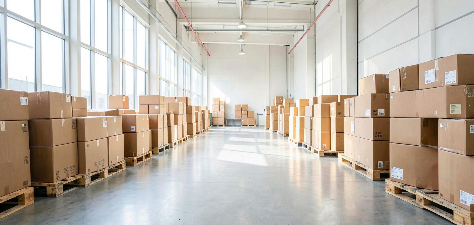 Clean, bright warehouse aisle with palletised stock ready for dispatch