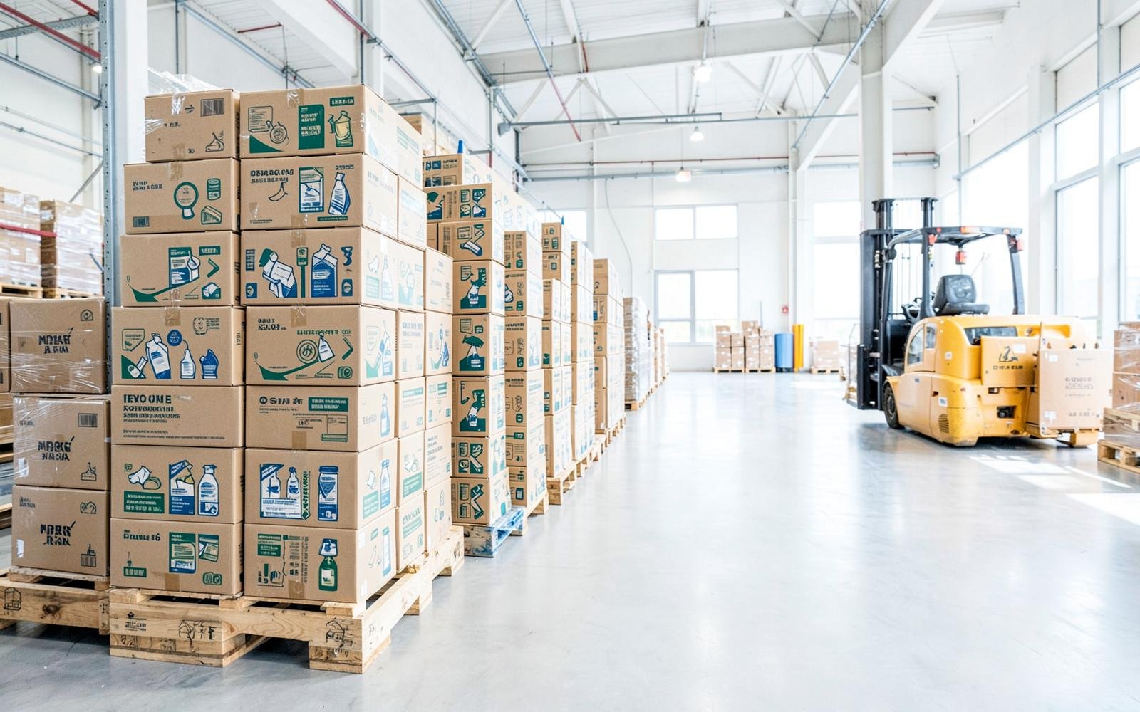 Neatly stacked drums and pallets in a supply warehouse